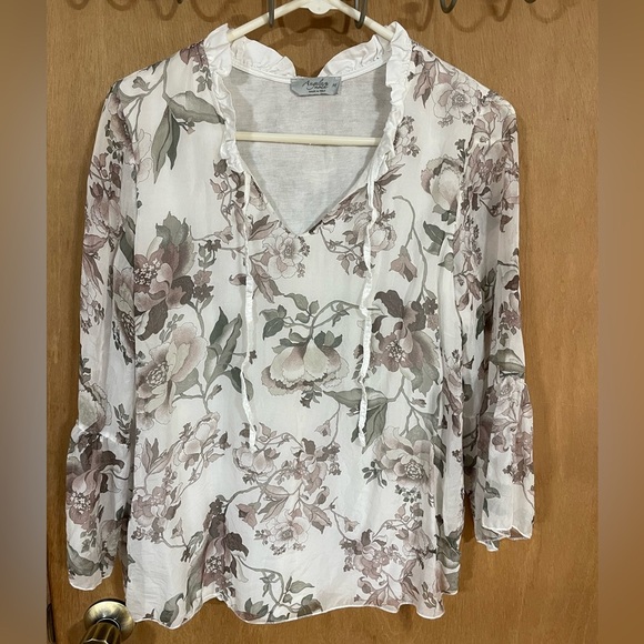 #107-ANGELA MODA-Made In Italy Pure Silk Floral Ruffle LongSleeve Blouse - Picture 1 of 5